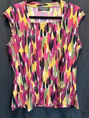 Kasper Sleeveless Printed Tank - Pink, Yellow & Green Multi